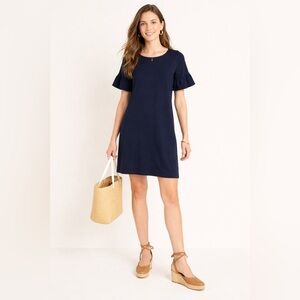 J.Crew Navy Blue Ruffle Sleeve Cotton Shift preppy casual chores Dress XXS